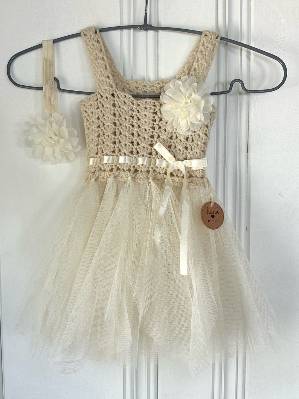 Handmade Cream Knit & Tulle Dress + Headband for Baby 0-6M / Flower Girl